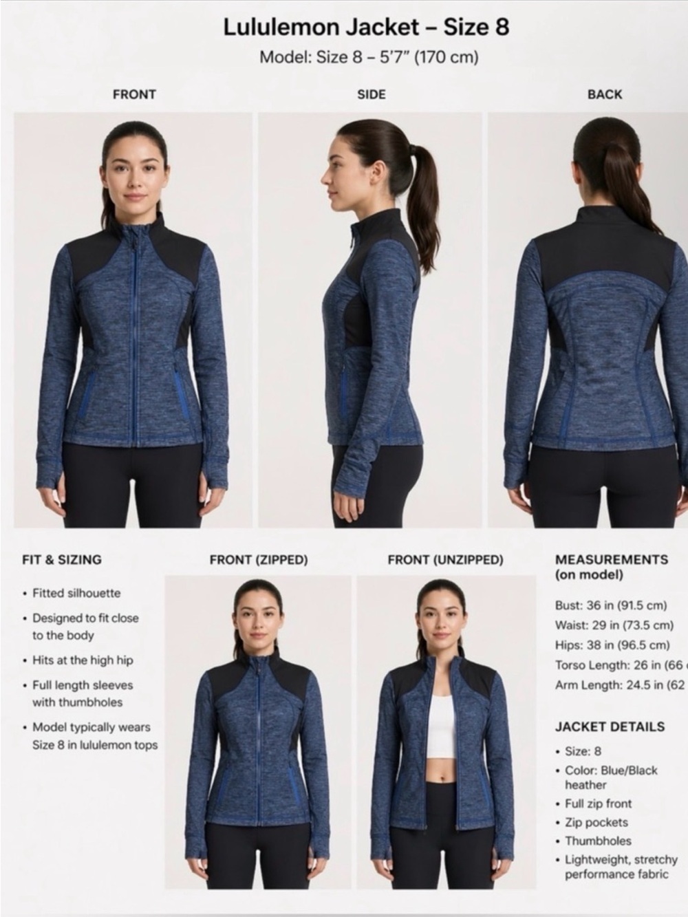 Lululemon Define Jacket Luon Heathered Blue Black Paneled Size 8 Fitted - Picture 4 of 12